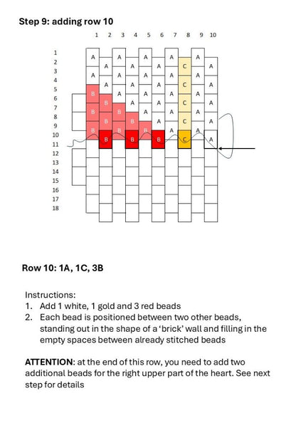 Preview of the beading pattern for creating a ring in a peyote stitch technique with design featuring bright hearts standing out of the ring's edge