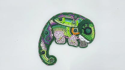 Handmade brooch "Chameleon" made of glass beads, Miyuki beads and malachite stone bead - Ornamentico shop