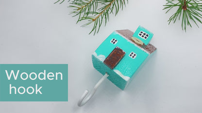 Handmade wall-mounted wooden hook in the shape of a turquoise house - Ornamentico shop
