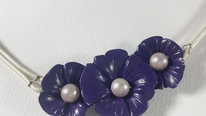 Handmade necklace with inlay from polymer clay in the shape of violet malva flowers decorated with river pearls - Ornamentico shop