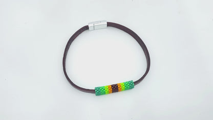 Handmade men's bracelet made from thin brown leather and bright beaded inlay - Ornamentico shop