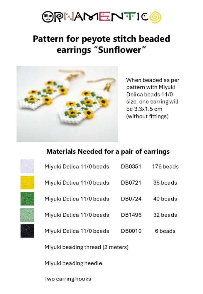 Preview of the beading pattern for a pair of earrings featuring bright sunflowers crafted in peyote stitch technique with Miyuki Delica beads