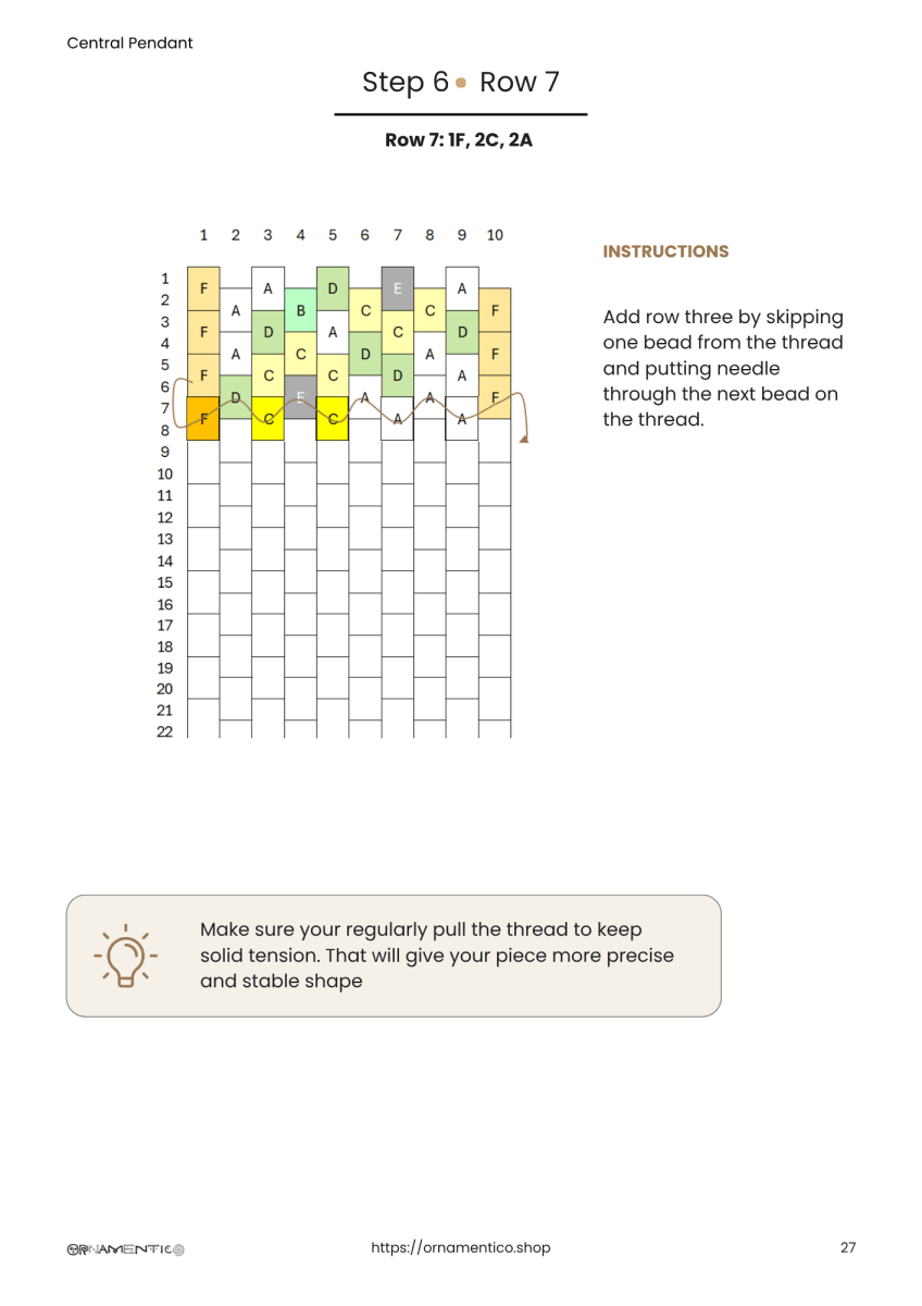 Illustrated row 7 instructions for the center sunflower pendant in peyote stitch