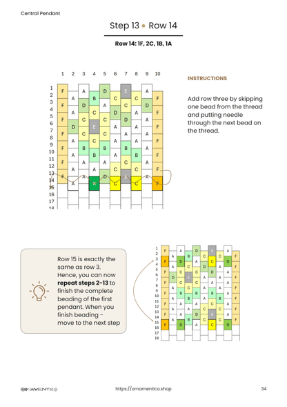 Illustrated row 14 instructions for the center sunflower pendant in peyote stitch