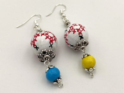 Delicate earrings from hand painted wooden beads "Embroidery" crafted in colors of Ukrainian flag- Ornamentico shop