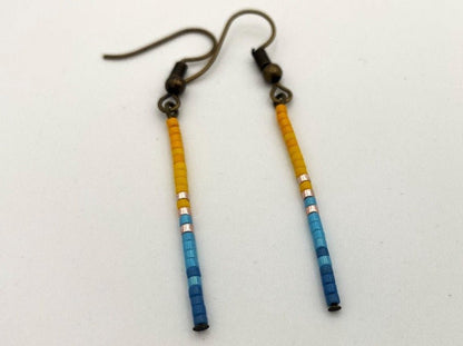 Handmade stylish earrings from beads in sleek design. Earrings are featuring colors of Ukrainian flag - Ornamentico shop