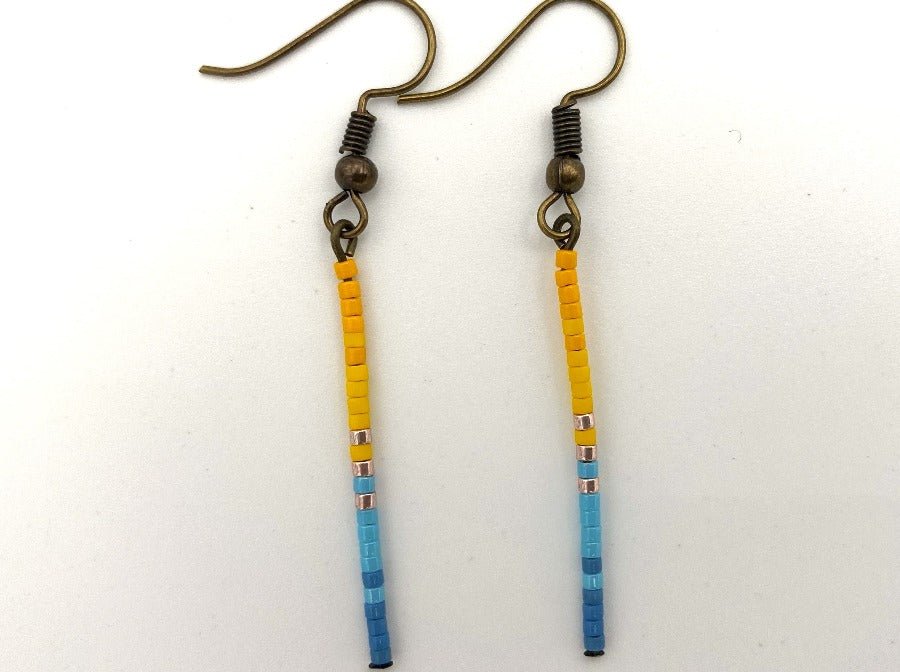 Handmade stylish earrings from beads in sleek design. Earrings are featuring colors of Ukrainian flag - Ornamentico shop