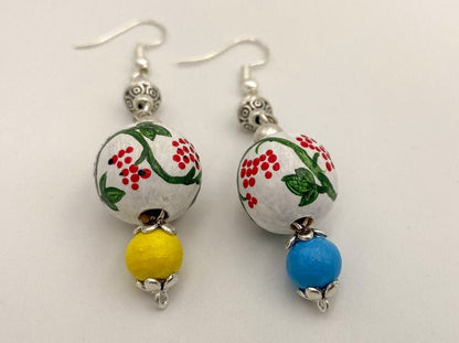 Boho style elegant earrings from hand painted wooden beads "Kalyna" crafted in colors of Ukrainian flag - Ornamentico shop