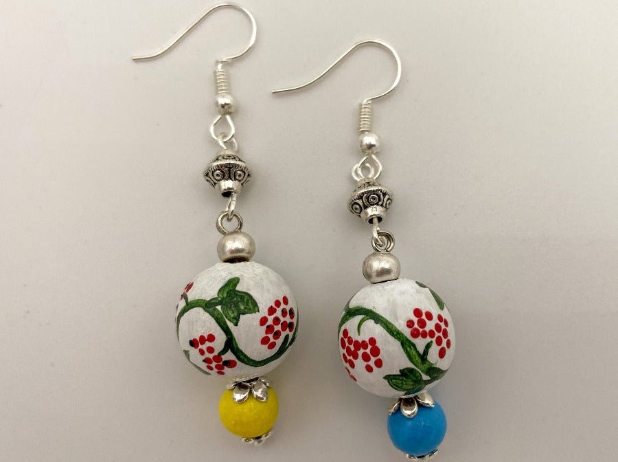 Boho style elegant earrings from hand painted wooden beads "Kalyna" crafted in colors of Ukrainian flag - Ornamentico shop