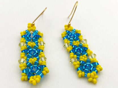 Handmade earrings from Miyuki beads and Swarovski crystals. Featuring colors of Ukrainian flag - Ornamentico shop