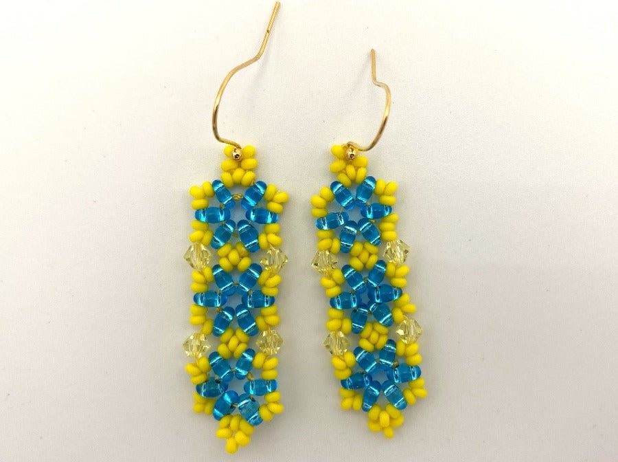 Handmade earrings from Miyuki beads and Swarovski crystals. Featuring colors of Ukrainian flag - Ornamentico shop