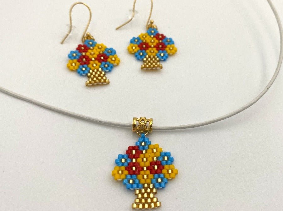 Handmade beaded earrings "Flowerpot" in the colors of Ukrainian flag - Ornamentico shop