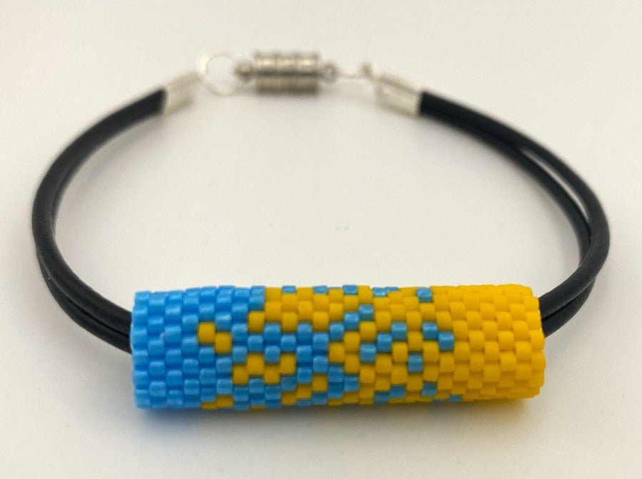 Bracelet on leather cord with beaded insert "Colors of Ukraine" Pixels - Ornamentico shop