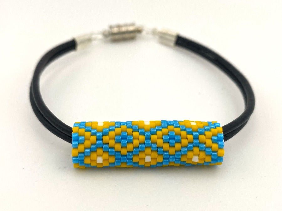 Bracelet on leather cord with beaded insert "Colors of Ukraine" Squares - Ornamentico shop