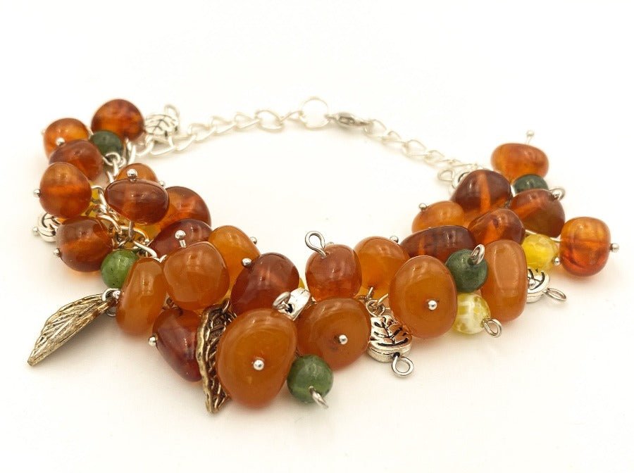 Handmade bracelet from amber, nephrite and agate stones "Golden harvest" - Ornamentico shop