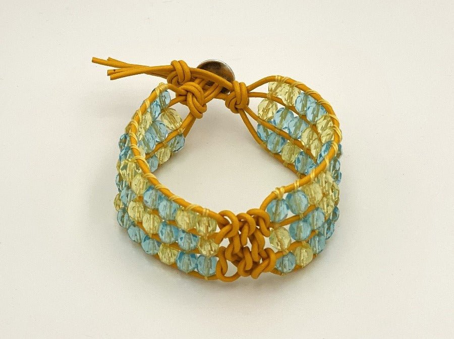 Handmade Boho style bracelet "Twinkle" weaved from genuine leather cord and glass beads - Ornamentico shop