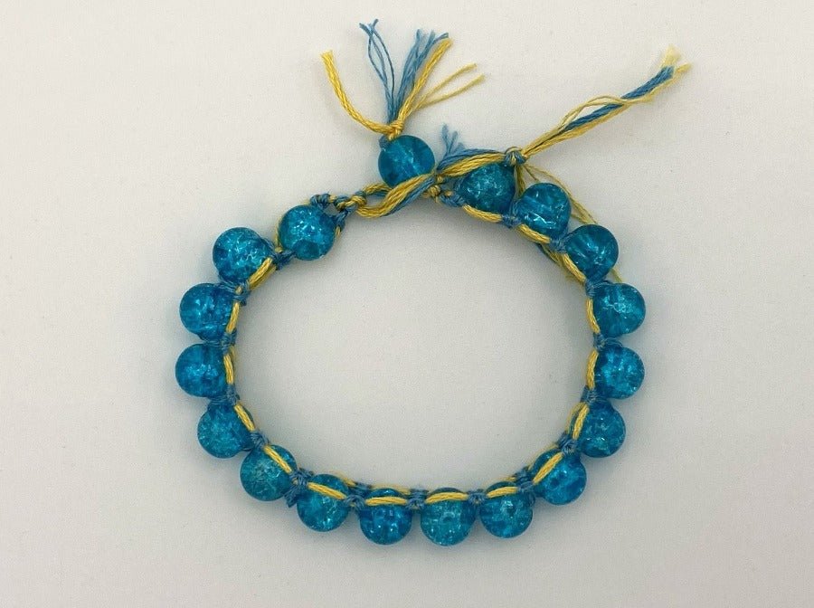 Handmade wrap bracelet crafted from colored glass beads and threads. Made in colors of Ukrainian flag - Ornamentico shop