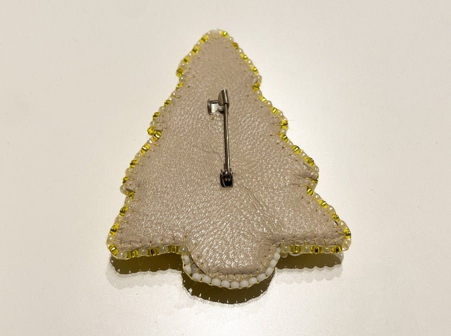 Handmade brooch in the shape of Xmas tree made of glass beads, Miyuki beads, bugle beads and jasper stone - Ornamentico shop
