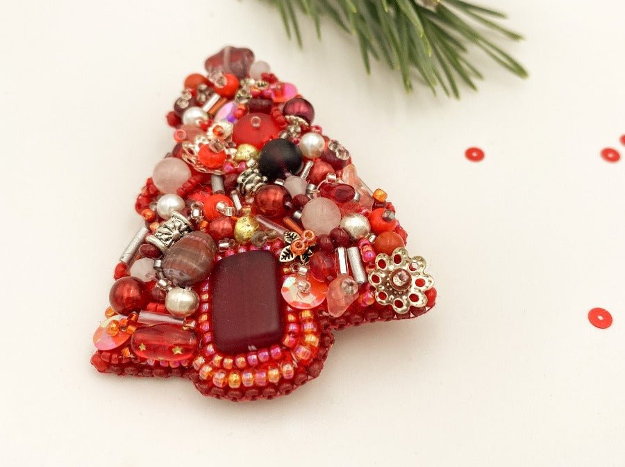 Handmade brooch in the shape of Xmas tree "Red Christmas Tree" - Ornamentico shop
