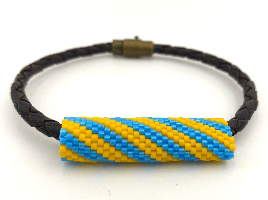 Bracelet on leather cord with beaded insert "Colors of Ukraine" Lines - Ornamentico shop