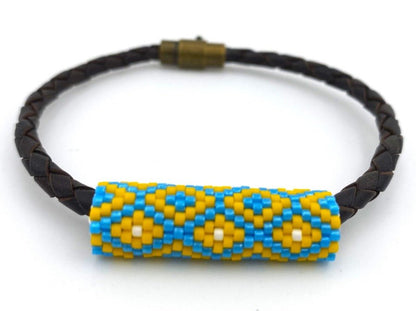 Bracelet on leather cord with beaded insert "Colors of Ukraine" - Ornamentico shop