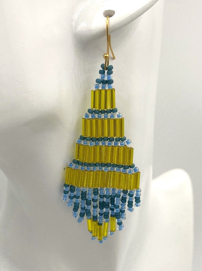 Handmade chandelier earrings in glittering Boho design. Earrings are made in Ukrainian flag pallet - Ornamentico shop