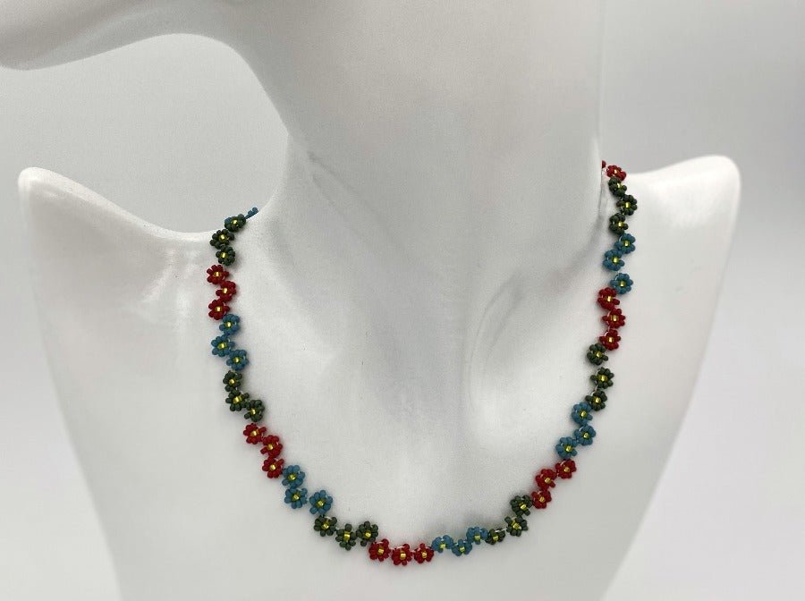 Handmade necklace from beads by Miyuki featuring colorful daisies - Ornamentico shop