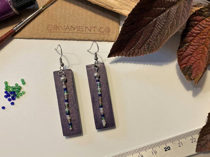 Dark purple dyed wooden earrings with beads. Beech wood, colorful beaded charms, silver-plated fittings - Ornamentico shop