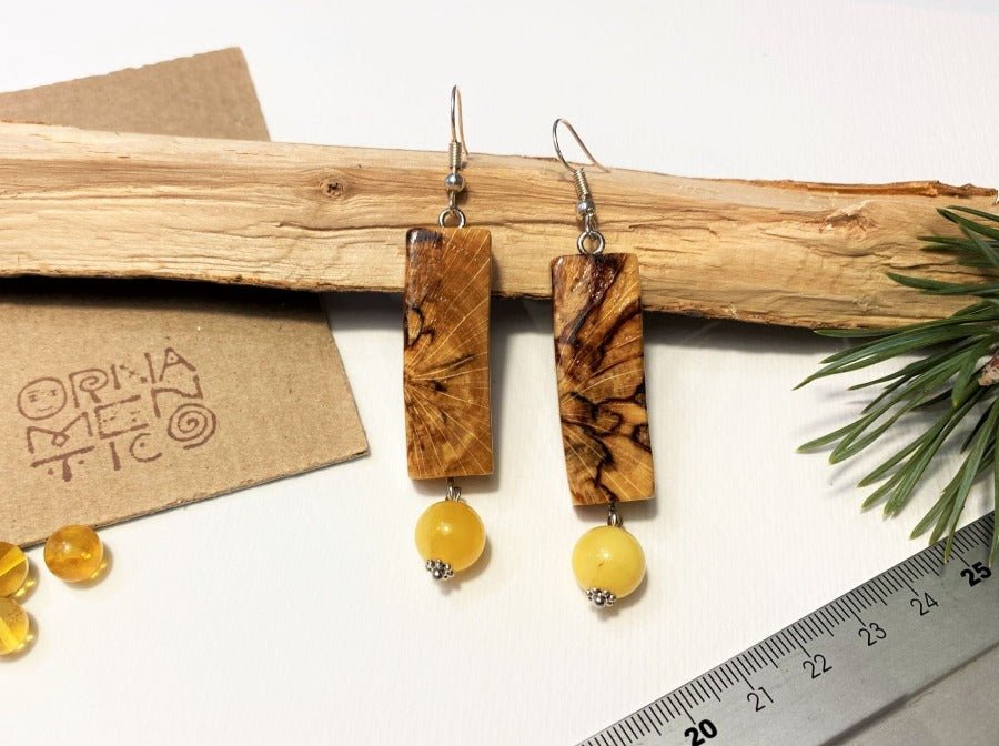 Fine polished and lacquered wooden earrings with amber beads. Beech wood, two Baltic amber beads - Ornamentico shop