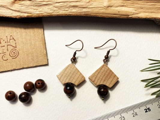 Handmade small wooden earrings with obsidian bead. Beech, obsidian bead