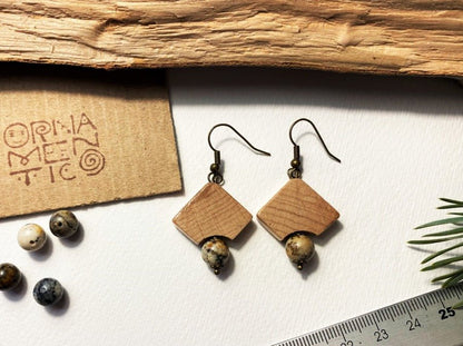 Handmade small wooden earrings with merlinite bead. Beech, merlinite bead - Ornamentico shop