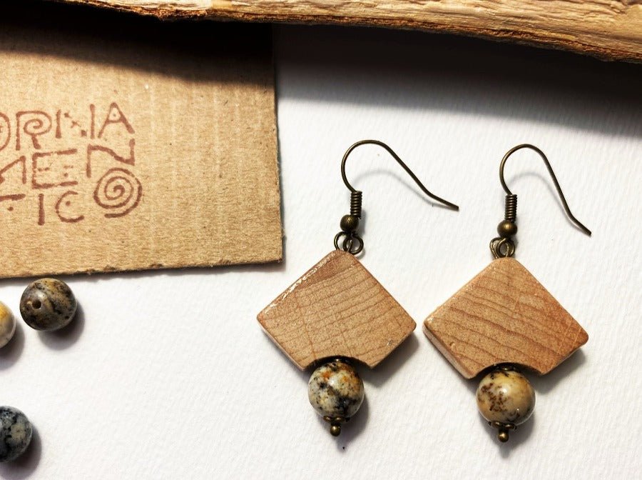 Handmade small wooden earrings with merlinite bead. Beech, merlinite bead.