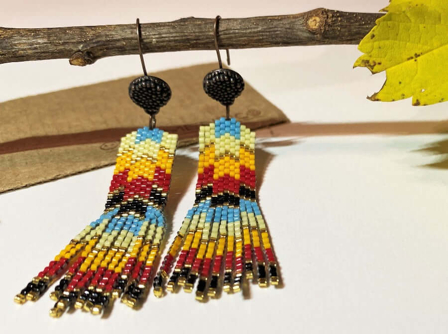 Light and colorful handmade earrings from beads Miyuki and crafted in Peyote technique. “Mexican holidays” collection. The color scheme reflects the hues of Mexican ornaments - Ornamentico shop