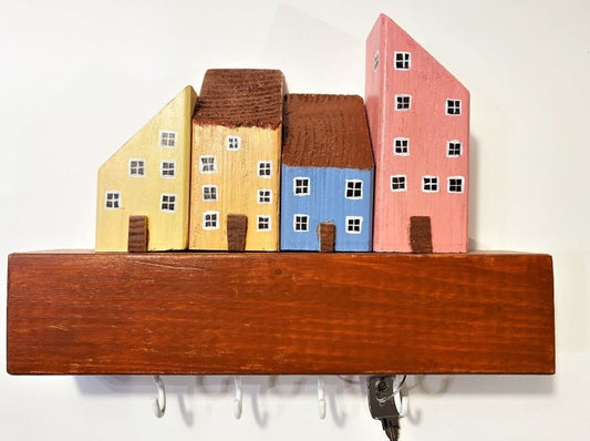Colorful hand painted wooden key hanger decorated with wooden houses. Wall-mounted design - Ornamentico shop