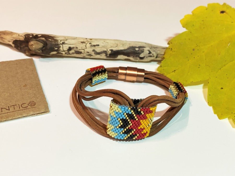 Leather bracelet from beads Miyuki is crafted using Peyote technique. "Mexican holidays" collection - Ornamentico shop
