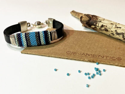 Handmade laconic unisex leather bracelet with Japanese beads complimented with Peyote stitch inlay - Ornamentico shop