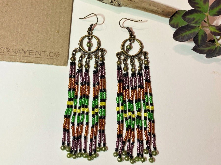 Festive handmade chandelier earrings crafted in Boho style. Crafted in the Indian summer colors - Ornamentico shop