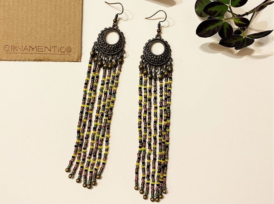 Handmade long earrings from beads in Boho style crafted from mélange colored beads - Ornamentico shop