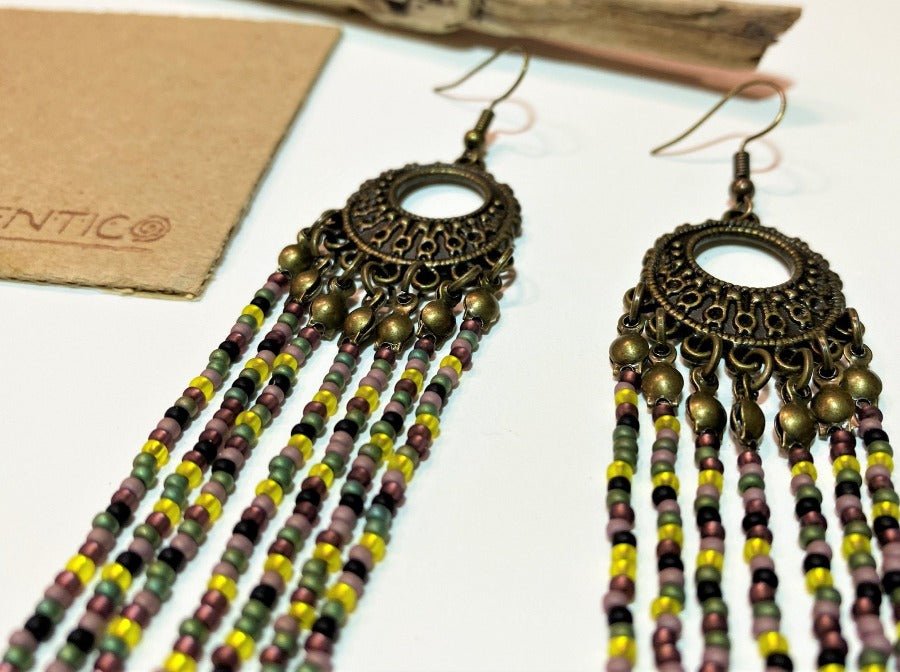 Handmade long earrings from beads in Boho style crafted from mélange colored beads - Ornamentico shop