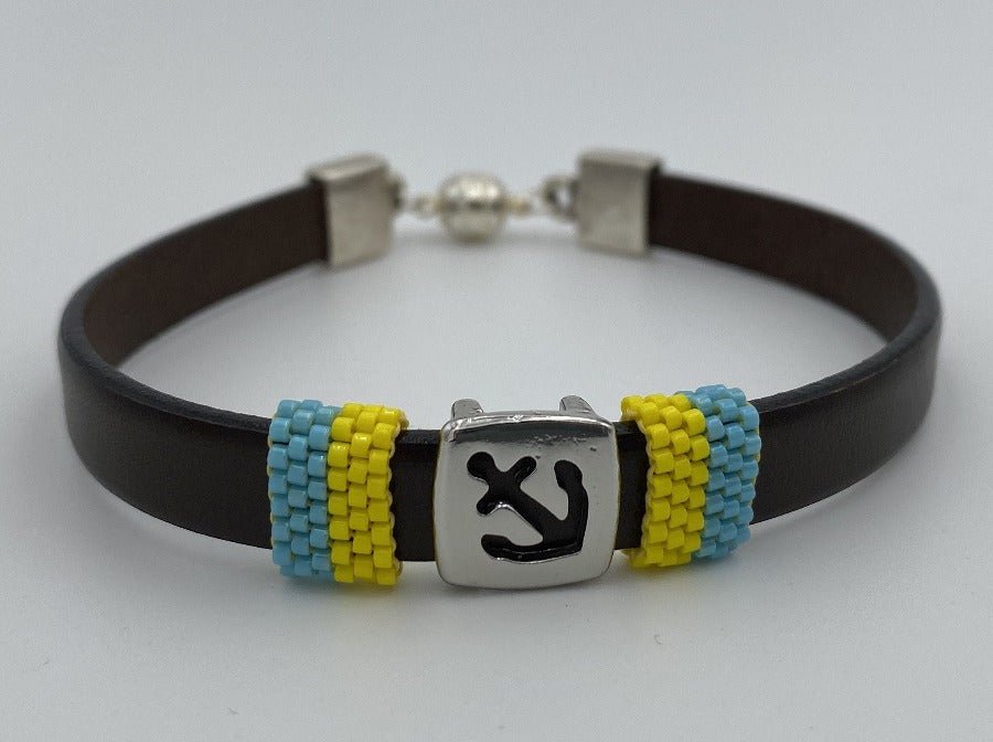Handmade men's bracelet from leather decorated with large anchor slide bead and inserts from beads Miyuki - Ornamentico shop
