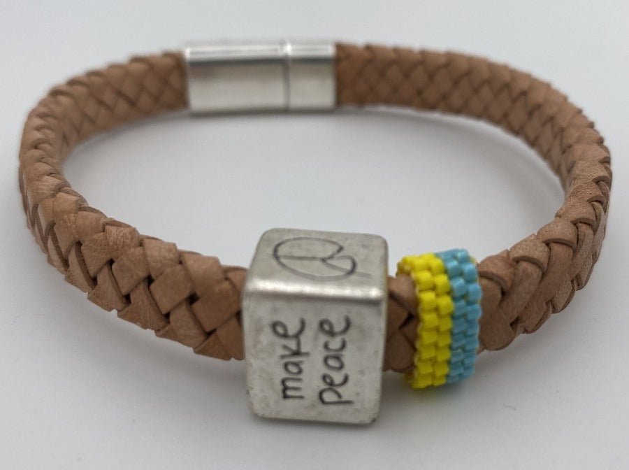 Handmade men's bracelet from leather decorated with large cube bead and insert from beads Miyuki - Ornamentico shop