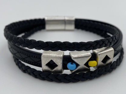 Handmade men's bracelet from leather decorated with three geometric slide beads and insert from beads - Ornamentico shop