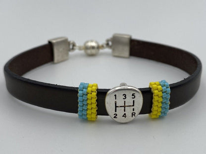 Handmade men's bracelet from leather decorated with gears shift slide bead and inserts from beads Miyuki - Ornamentico shop