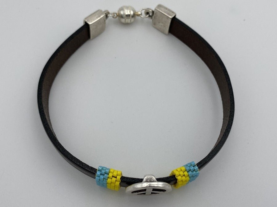 Handmade men's bracelet from leather decorated with large slide bead and inserts from beads Miyuki - Ornamentico shop