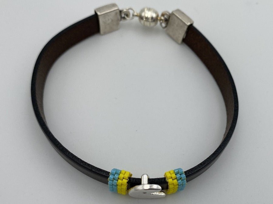 Handmade men's bracelet from leather decorated with Pac-Man large slide bead and inserts from beads Miyuki - Ornamentico shop