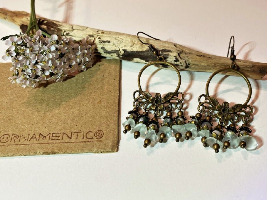 Handmade Boho style earrings crafted from tree agate stones and rhinestone beads - Ornamentico shop