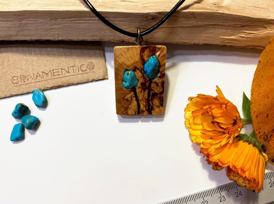 Handmade wooden pendant with turquoise stones on a leather cord - Ornamentico shop