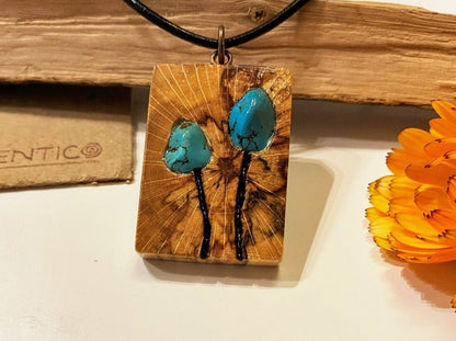 Handmade wooden pendant with turquoise stones on a leather cord - Ornamentico shop