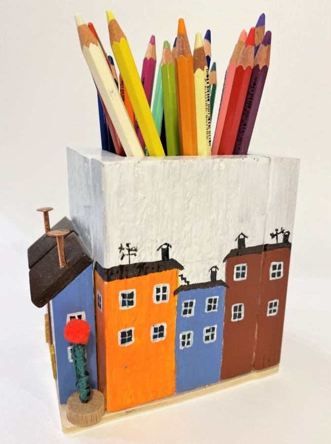 Colorful hand-painted wooden pencil box decorated with wooden houses. Wood, acrylic paints, varnish - Ornamentico shop