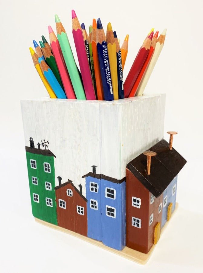 Colorful hand-painted wooden pencil box decorated with wooden houses. Wood, acrylic paints, varnish.